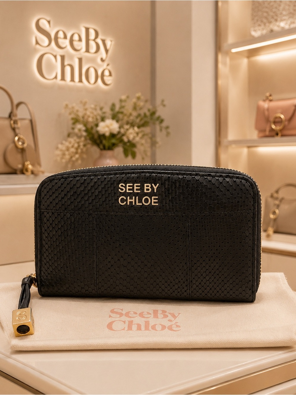See by Chloé Python-Embossed Leather Zip-Around Continental Wallet